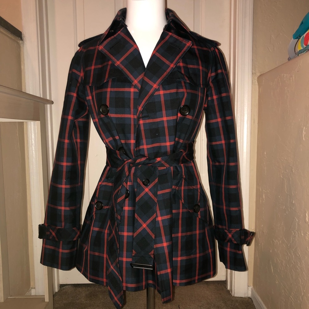 Coach orange, blue, and black plaid trench coat